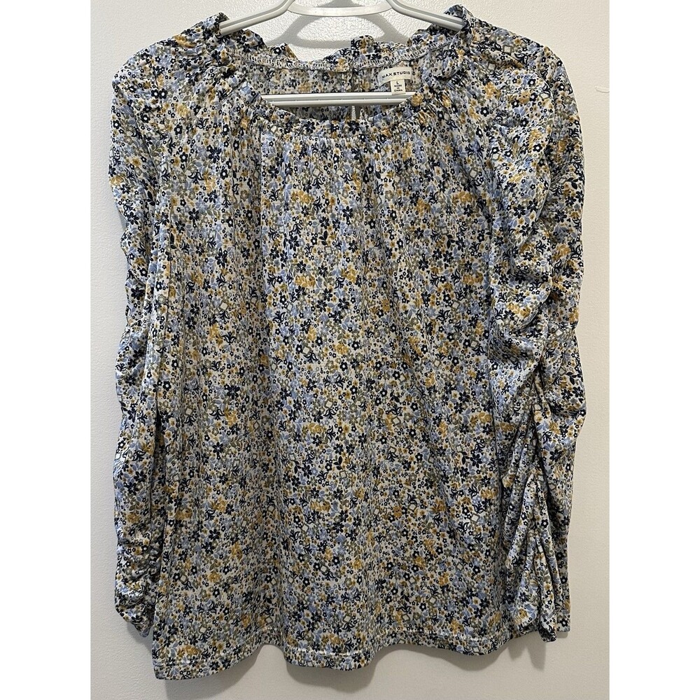 Max Studio Floral Ruched Sleeve Top Blue Yellow Blouse Women’s L
